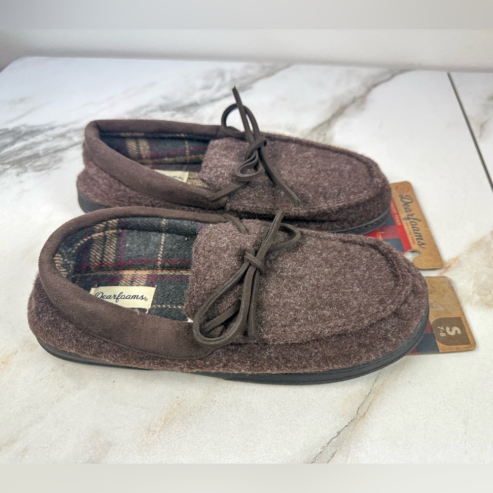 NWT Deerfoams Brown Indoor Outdoor Mocassins Memory Foam Slippers, Sz 7-8